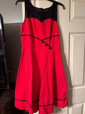 Red Midi Fit-and-Flare Dress with Black Lace Yoke
